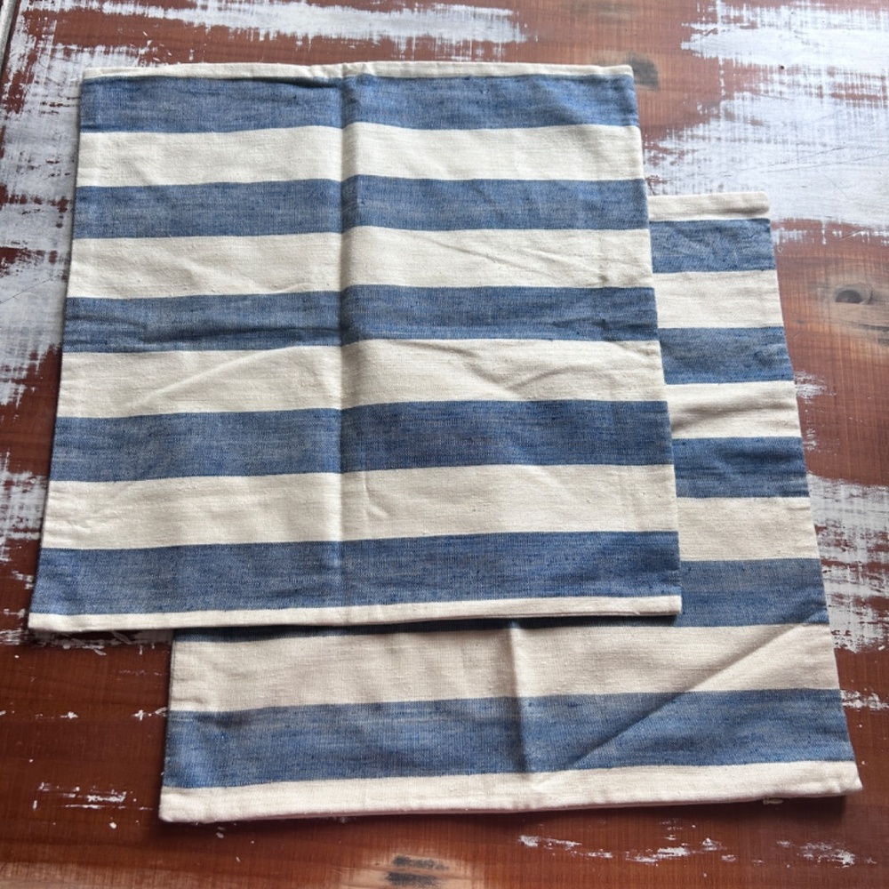 2 West Elm Heather Taylor Mayfair Stripe Silk Pillow Cover Blue White Stripe 20”